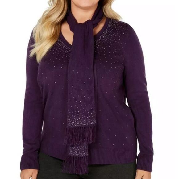 Karen Scott Sweaters - Karen Scott  Sweater Rhinestone V Neck Purple Womens Sz Large Scarf Not Included